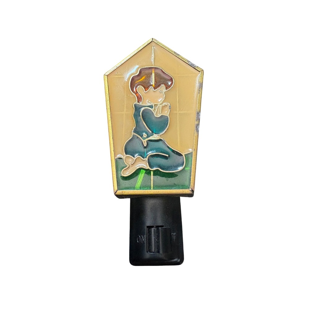 Vintage Praying Boy Stained Glass Night Light Gold‎ Tone GEP Inc Religious Decor